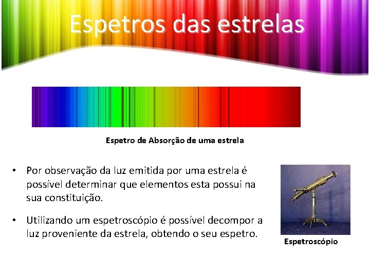 Espetros das estrelas Espetro de Absorção de uma estrela • Por observação da luz