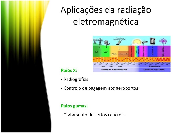 Aplicações da radiação eletromagnética Raios X: - Radiografias. - Controlo de bagagem nos aeroportos.