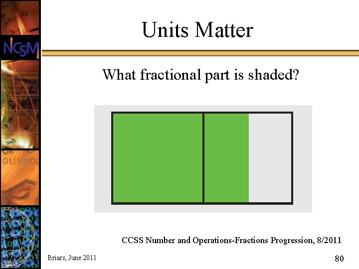 Units Matter What fractional part is shaded? CCSS Number and Operations-Fractions Progression, 8/2011 Briars,