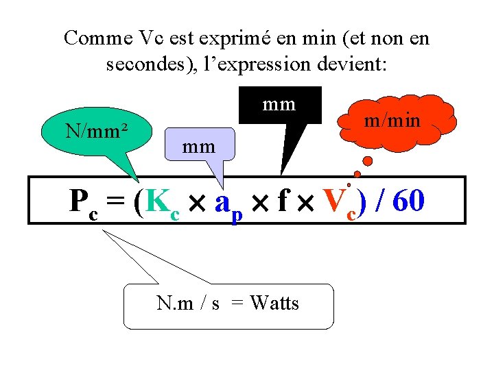 Comme Vc est exprimé en min (et non en secondes), l’expression devient: mm N/mm²