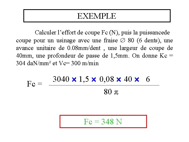 EXEMPLE Calculer l’effort de coupe Fc (N), puis la puissancede coupe pour un usinage