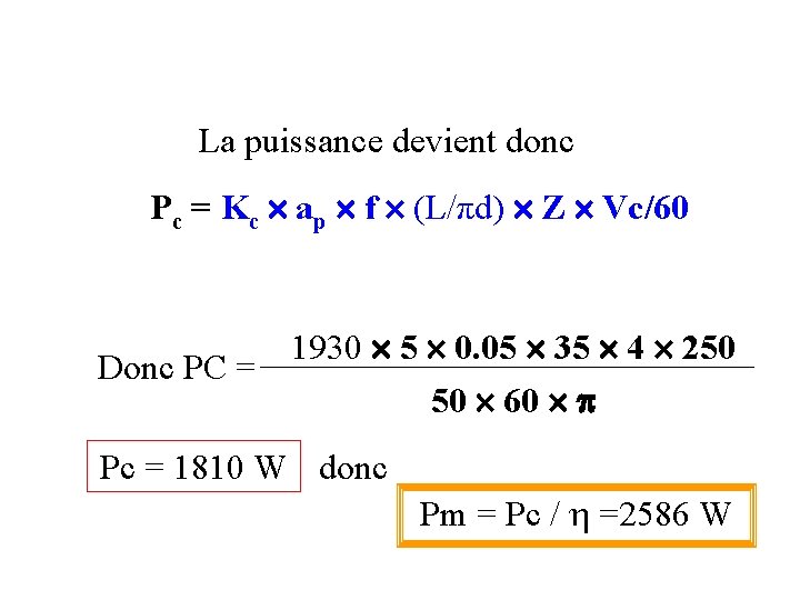 La puissance devient donc Pc = Kc ap f (L/πd) Z Vc/60 1930 5