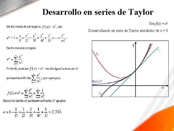 Desarrollo en series de Taylor Sea f(x) = ex Desarrollando en serie de Taylor