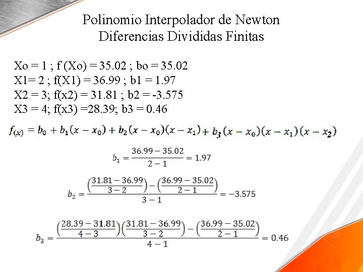 Polinomio Interpolador de Newton Diferencias Divididas Finitas Xo = 1 ; f (Xo) =