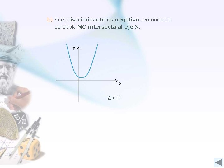 b) Si el discriminante es negativo, entonces la parábola NO intersecta al eje X.