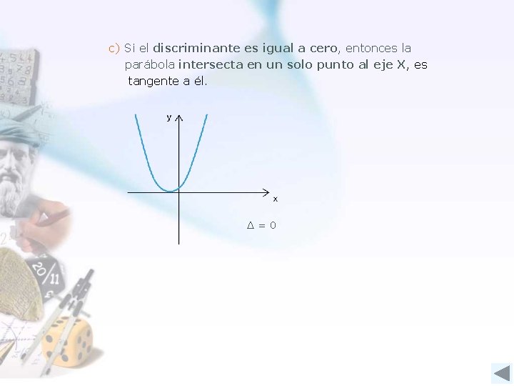 c) Si el discriminante es igual a cero, entonces la parábola intersecta en un