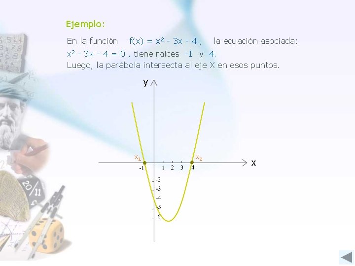 Ejemplo: En la función f(x) = x 2 - 3 x - 4 ,