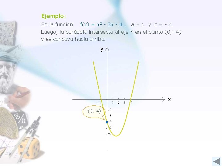 Ejemplo: En la función f(x) = x 2 - 3 x - 4 ,