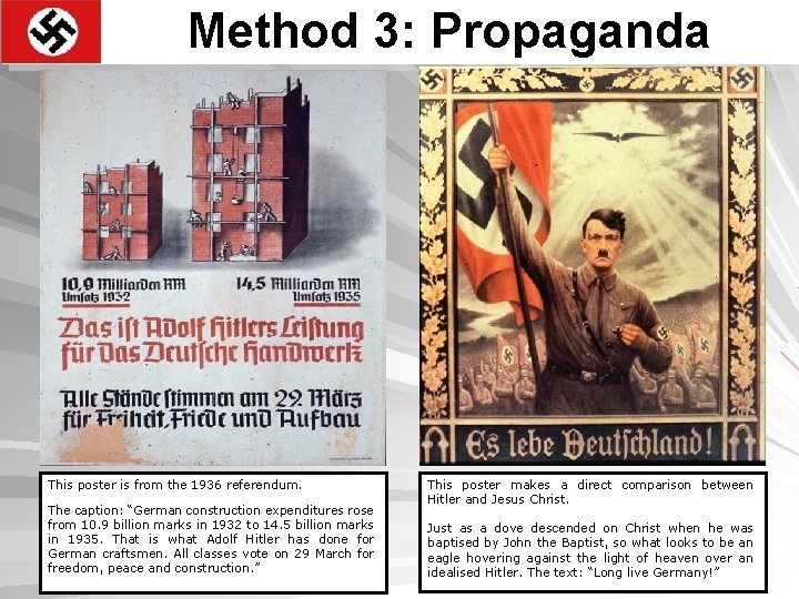 Method 3: Propaganda This poster is from the 1936 referendum. The caption: “German construction