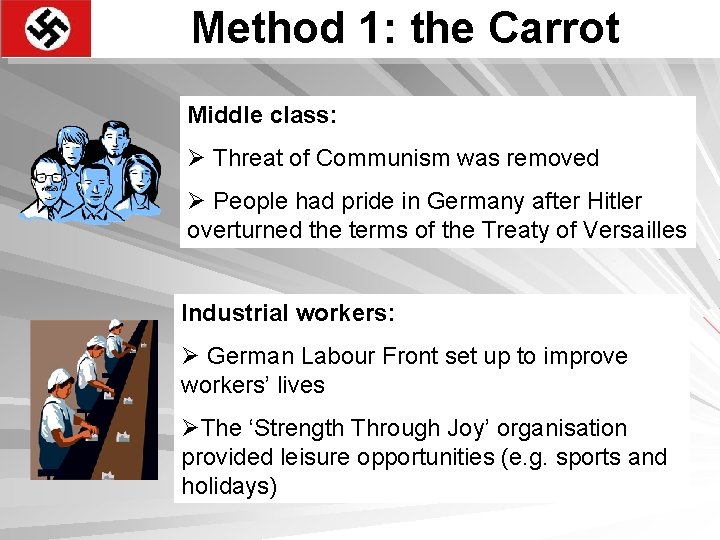 Method 1: the Carrot Middle class: Ø Threat of Communism was removed Ø People