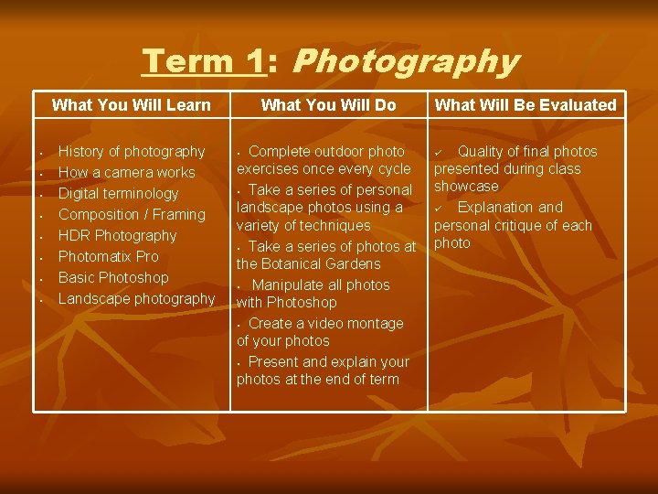 Term 1: Photography What You Will Learn • • History of photography How a