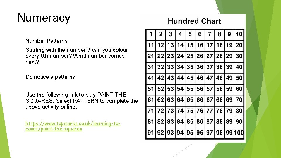 Numeracy Number Patterns Starting with the number 9 can you colour every 9 th