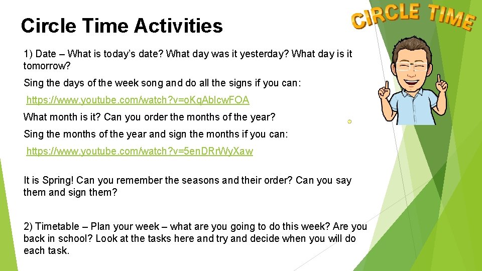 Circle Time Activities 1) Date – What is today’s date? What day was it