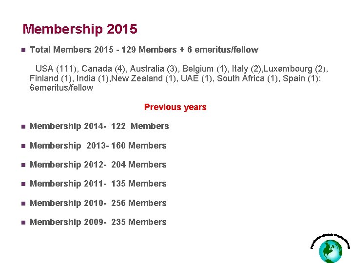 Membership 2015 n Total Members 2015 - 129 Members + 6 emeritus/fellow USA (111),