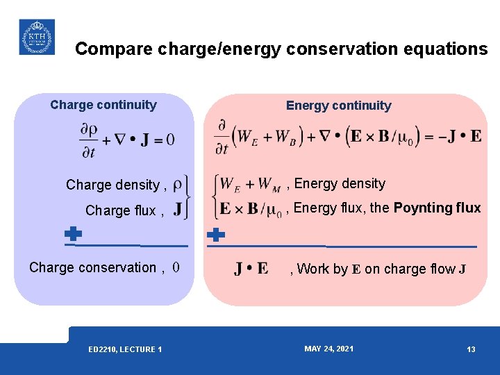 Compare charge/energy conservation equations Charge continuity Charge density , Charge flux , Charge conservation Compare charge/energy conservation equations Charge continuity Charge density , Charge flux , Charge conservation