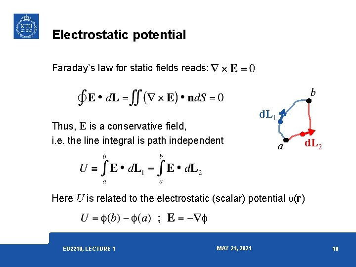 Electrostatic potential Faraday’s law for static fields reads: b Thus, E is a conservative Electrostatic potential Faraday’s law for static fields reads: b Thus, E is a conservative