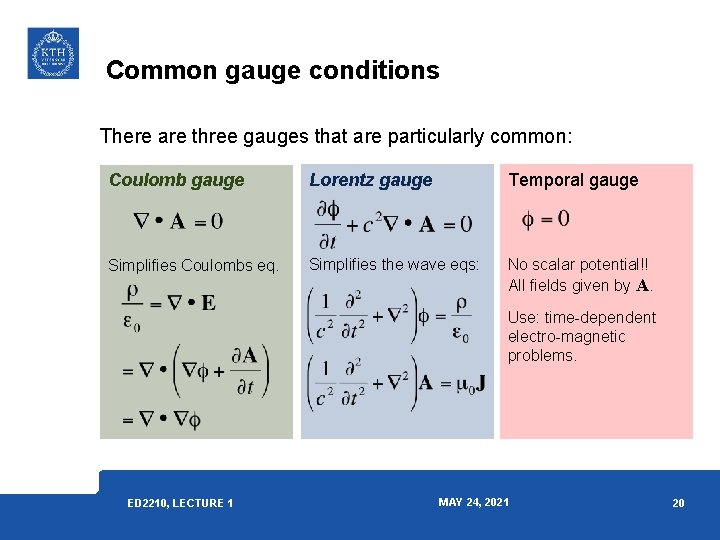 Common gauge conditions There are three gauges that are particularly common: Coulomb gauge Lorentz Common gauge conditions There are three gauges that are particularly common: Coulomb gauge Lorentz
