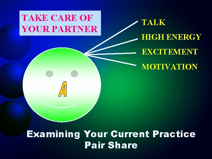 TAKE CARE OF YOUR PARTNER TALK HIGH ENERGY EXCITEMENT MOTIVATION Examining Your Current Practice