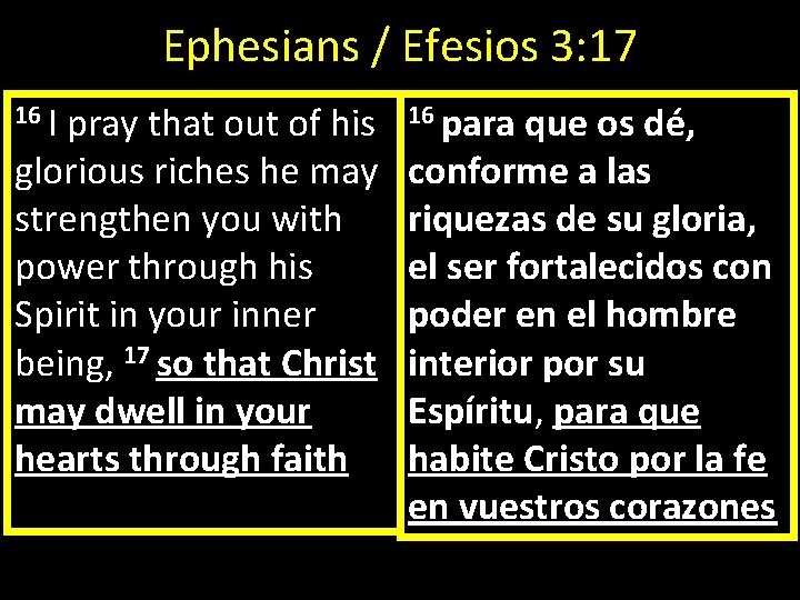 Ephesians / Efesios 3: 17 16 I pray that out of his glorious riches