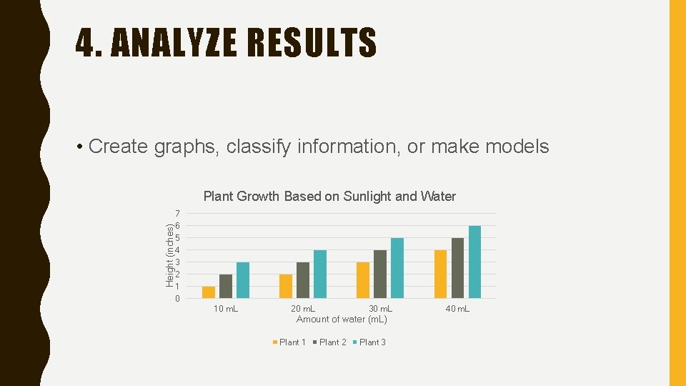 4. ANALYZE RESULTS • Create graphs, classify information, or make models Height (inches) Plant
