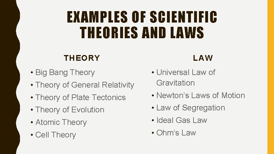 EXAMPLES OF SCIENTIFIC THEORIES AND LAWS THEORY • Big Bang Theory LAW • Theory