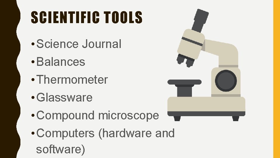 SCIENTIFIC TOOLS • Science Journal • Balances • Thermometer • Glassware • Compound microscope