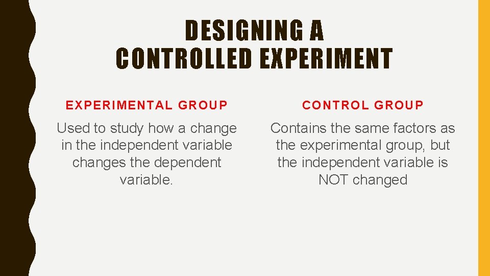 DESIGNING A CONTROLLED EXPERIMENTAL GROUP CONTROL GROUP Used to study how a change in