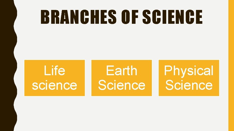 BRANCHES OF SCIENCE Life science Earth Science Physical Science 