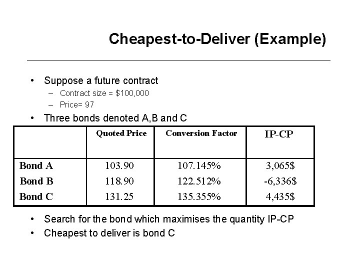 Cheapest-to-Deliver (Example) • Suppose a future contract – Contract size = $100, 000 –