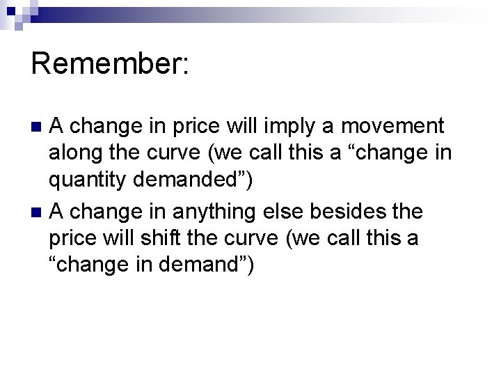 Remember: A change in price will imply a movement along the curve (we call