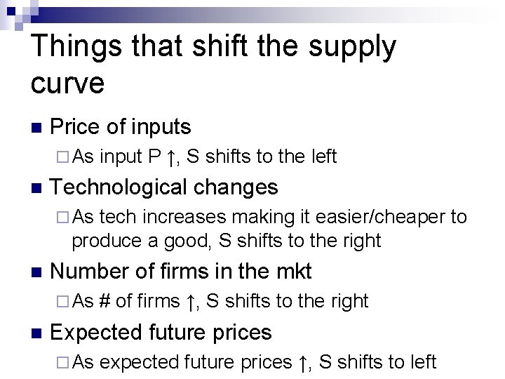 Things that shift the supply curve n Price of inputs ¨ As n input