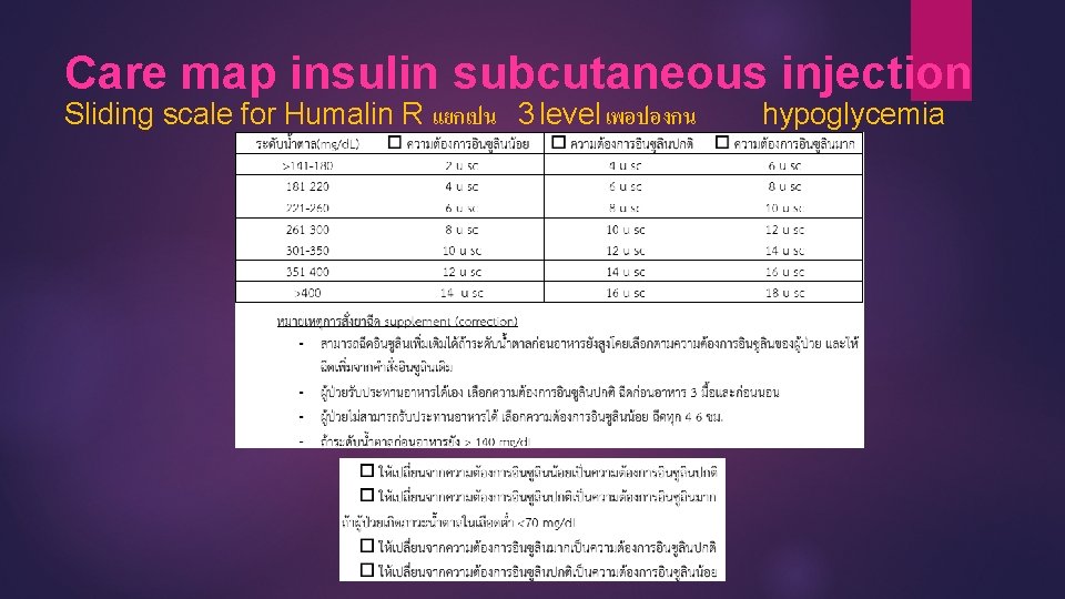 Care map insulin subcutaneous injection Sliding scale for Humalin R แยกเปน 3 level เพอปองกน