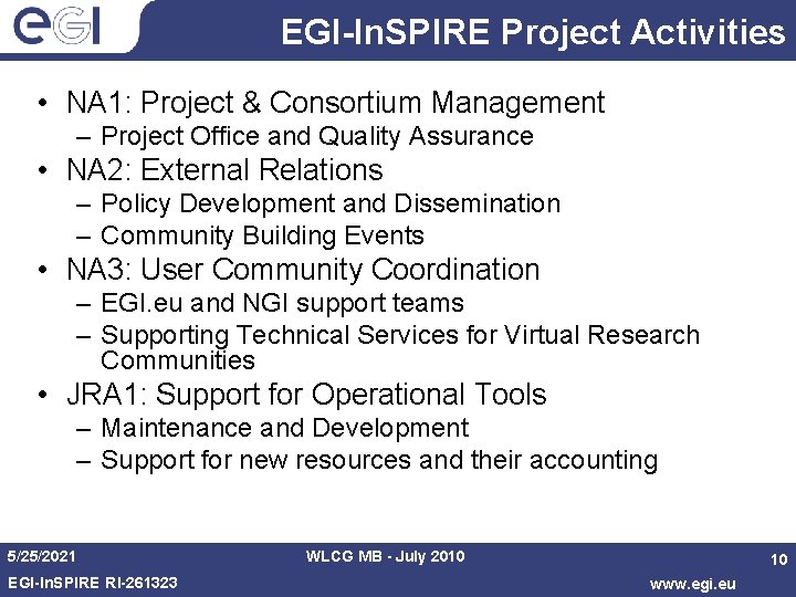 EGI-In. SPIRE Project Activities • NA 1: Project & Consortium Management – Project Office