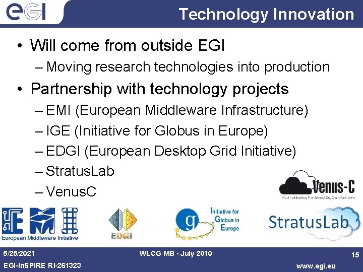 Technology Innovation • Will come from outside EGI – Moving research technologies into production