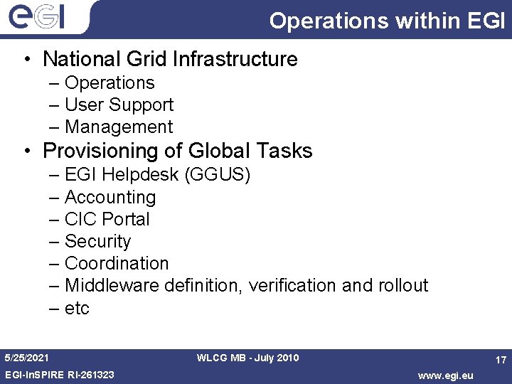 Operations within EGI • National Grid Infrastructure – Operations – User Support – Management