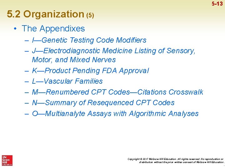 5 -13 5. 2 Organization (5) • The Appendixes – I—Genetic Testing Code Modifiers