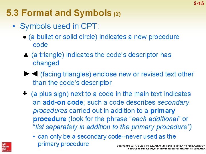 5 -15 5. 3 Format and Symbols (2) • Symbols used in CPT: ●