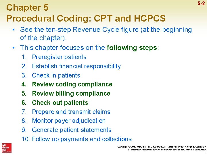 Chapter 5 Procedural Coding: CPT and HCPCS 5 -2 • See the ten-step Revenue