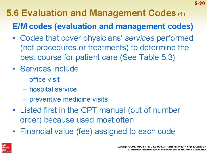 5 -20 5. 6 Evaluation and Management Codes (1) E/M codes (evaluation and management