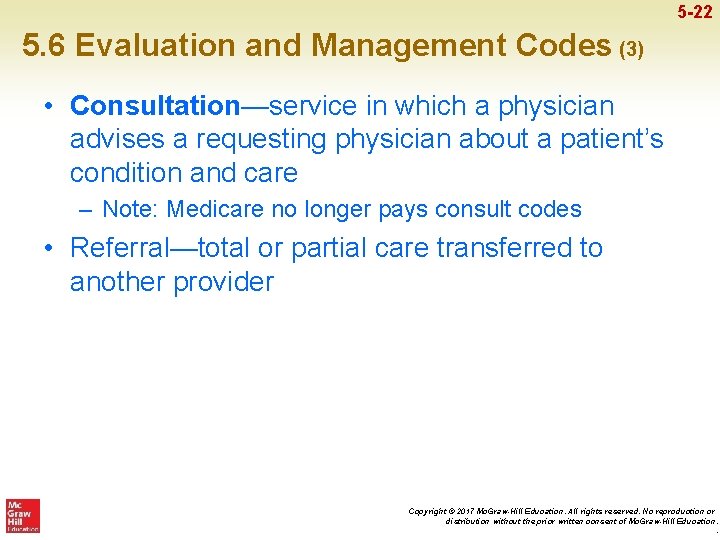 5 -22 5. 6 Evaluation and Management Codes (3) • Consultation—service in which a