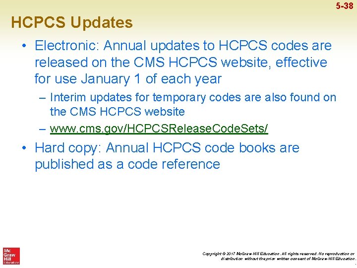 5 -38 HCPCS Updates • Electronic: Annual updates to HCPCS codes are released on