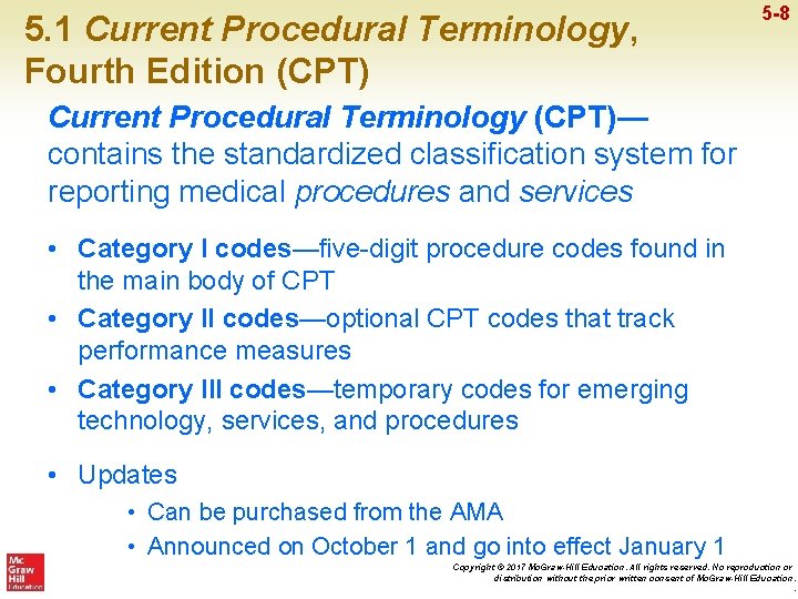 5. 1 Current Procedural Terminology, Fourth Edition (CPT) 5 -8 Current Procedural Terminology (CPT)—
