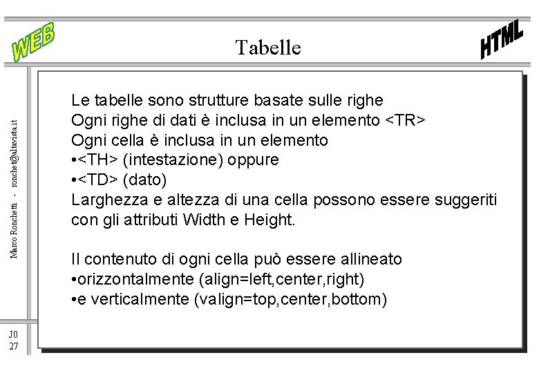 Marco Ronchetti - ronchet@altavista. it Tabelle J 0 27 Le tabelle sono strutture basate