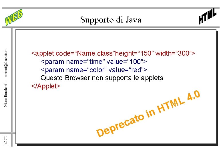 Marco Ronchetti - ronchet@altavista. it Supporto di Java <applet code=“Name. class”height=“ 150” width=“ 300”>