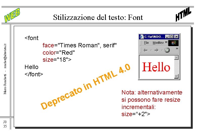 Stilizzazione del testo: Font Marco Ronchetti - ronchet@altavista. it <font face="Times Roman", serif" color="Red"