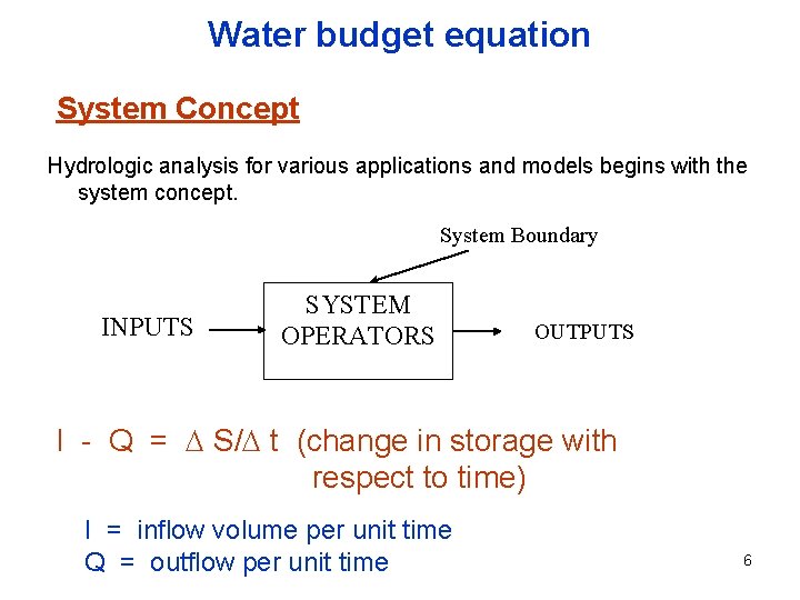 Water budget equation System Concept Hydrologic analysis for various applications and models begins with