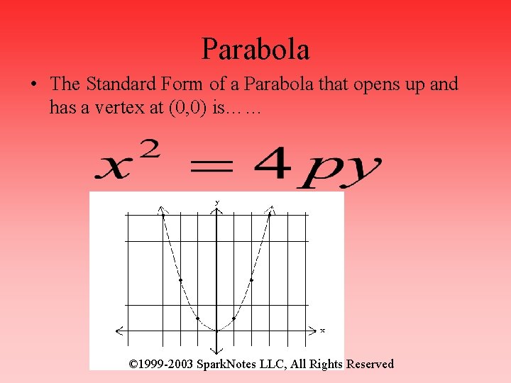 Parabola • The Standard Form of a Parabola that opens up and has a