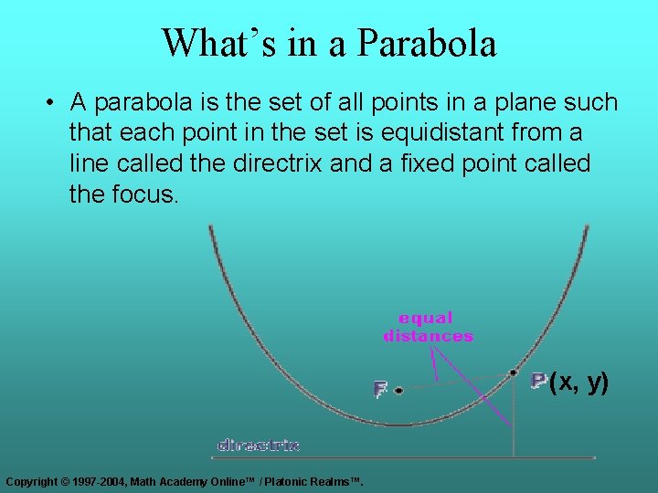 What’s in a Parabola • A parabola is the set of all points in