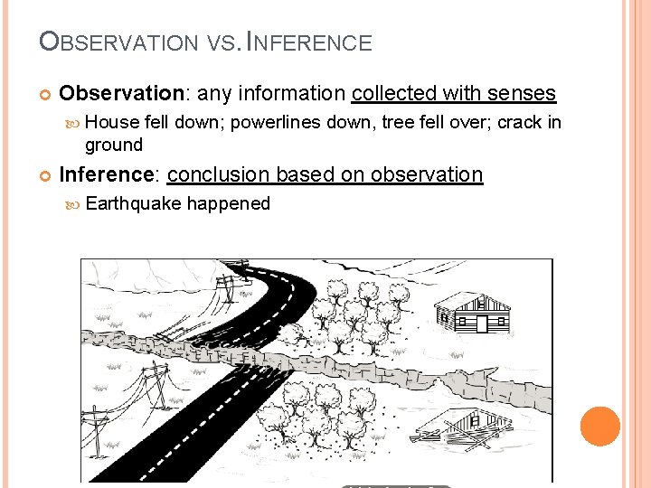 OBSERVATION VS. INFERENCE Observation: any information collected with senses House fell down; powerlines down,