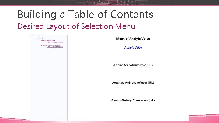 Building a Table of Contents Desired Layout of Selection Menu 
